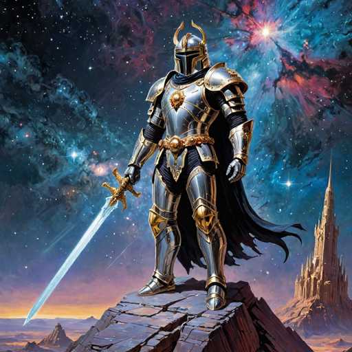 The image depicts a knight standing on a rocky cliff with his sword raised high above his head and shield held at the ready. The knight is wearing a full suit of armor that includes a helmet, breastplate, and chainmail. In the background, there are two towers - one tall and one shorter - surrounded by stars and nebulae.
