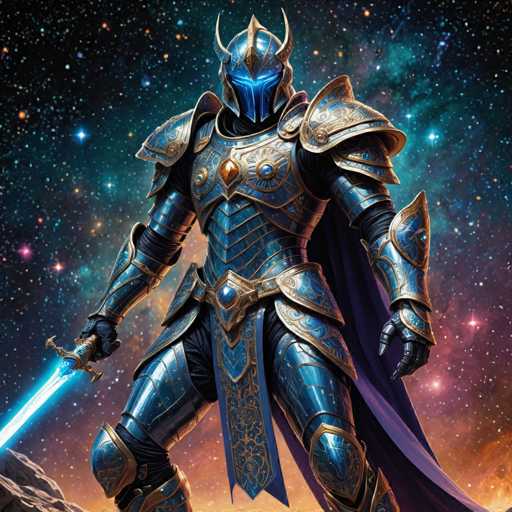 A majestic, armored knight stands in a cosmic setting. The knight is clad in ornate blue and gold armor with glowing blue helmet details, wielding a vibrant blue sword. The background is a swirling nebula of deep blues, purples, and oranges with scattered stars, emphasizing a fantastical, otherworldly atmosphere. The art style is digital painting, detailed and evocative, with a focus on dramatic lighting and intricate textures.