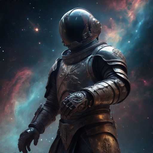 The image depicts an astronaut standing in a space station with their arms crossed and legs apart, wearing a full-body armor suit that includes a helmet and gloves. The background is filled with stars and nebulae, creating a sense of depth and vastness.