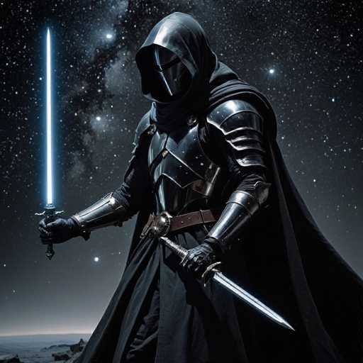 A lone, cloaked knight wielding a glowing blue sword stands against a dark, starry sky. The knight is clad in ornate silver armor and a deep black cloak, holding the sword with both hands. The background is a blend of dark, textured terrain and a vast, star-filled expanse, creating a dramatic, fantasy-inspired scene. The art style is detailed and atmospheric, emphasizing a sense of mystery and power.