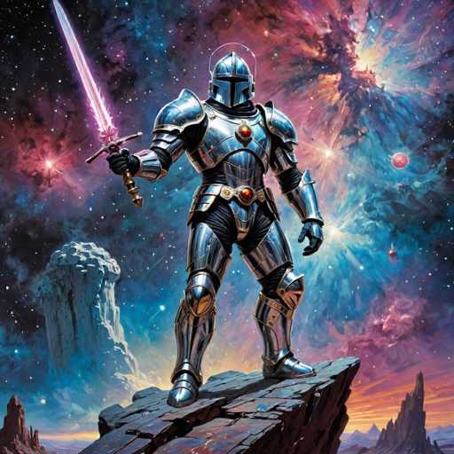 A knight in gleaming silver armor stands on a rocky outcrop amidst a vibrant, cosmic landscape. The knight holds a glowing purple sword aloft, facing forward with a determined stance. The background features swirling nebulae in hues of pink, blue, and orange, with distant planets and stars. The art style is reminiscent of a fantasy comic book illustration, emphasizing dynamic lighting and bold colors.