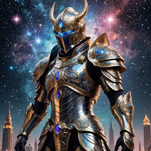 The image depicts a knight standing in front of a backdrop featuring stars and planets. The knight is wearing a golden armor with blue jewels on the chest and a helmet adorned with a blue visor. The background includes buildings under a starry sky, suggesting an urban setting or perhaps a castle.