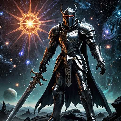 The image depicts a knight standing on a rocky cliff against a backdrop of stars and planets. The knight is wearing a full suit of armor that includes a helmet with a visor and a breastplate. The knight holds a sword in their right hand and a shield in their left, ready for battle or defense.