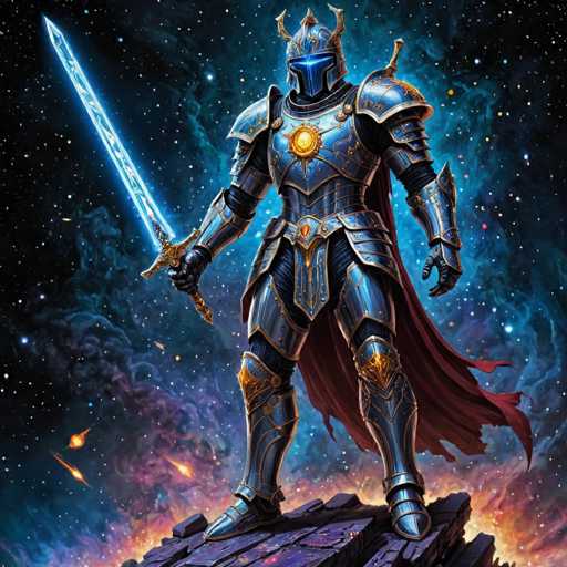 The image depicts a knight standing on a rock formation with his sword raised high above his head and shield at the ready. The knight is wearing a blue and gold armor suit that gleams under the starlight, and he holds a sword in his right hand. The background of the image is filled with stars and nebulae, creating an otherworldly atmosphere around the knight.