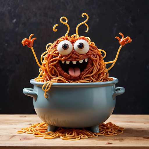 A cartoon spaghetti monster with orange and white colors is sitting inside a blue pot on a wooden table. The spaghetti monster has its mouth open wide as if it's ready to eat the pasta.