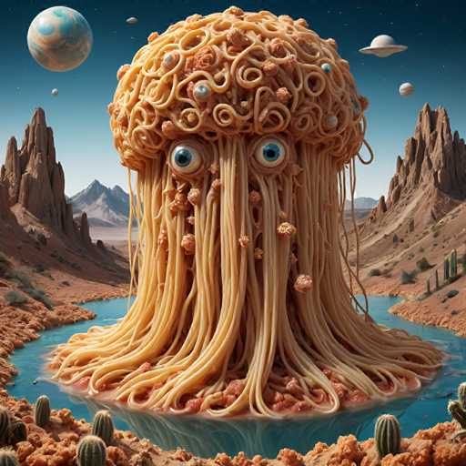The image depicts an unusual scene set in a desert-like environment with mountains and cacti in the background. At the center of this surreal landscape is a large, noodle-like creature made entirely out of spaghetti noodles. The creature has two eyes and appears to be floating above a body of water that mirrors its noodle form.