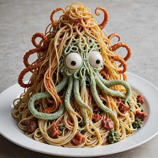 A plate with spaghetti and green tentacles made out of noodles is placed on a gray countertop.