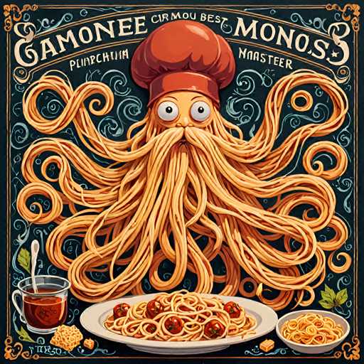The image is an illustration that depicts a pasta dish with noodles and meatballs on a plate. The pasta has been artistically shaped into the form of an octopus, giving it a whimsical appearance. The background features a black and white color scheme with gold accents, adding to the overall aesthetic appeal of the artwork. The text "CAMONEEE CIMMOUS PUNCHLIMAER MARSTER" is also present in the image.