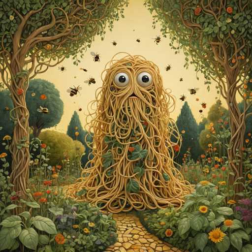 The image depicts a large, twisted spaghetti monster with googly eyes and a long neck, surrounded by an abundance of colorful flowers and plants. The scene is set against the backdrop of trees and bushes, creating a whimsical garden-like atmosphere.