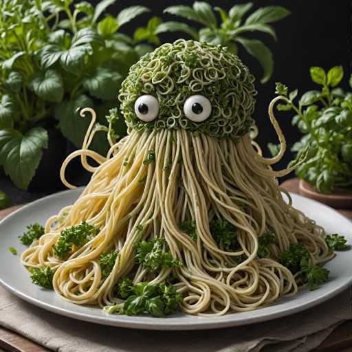 The image shows a plate with spaghetti and green herbs arranged on it. The pasta is long and thin, resembling the tentacles of an octopus or squid. The dish appears to be a creative take on traditional spaghetti, incorporating elements from nature such as leaves and herbs for decoration.