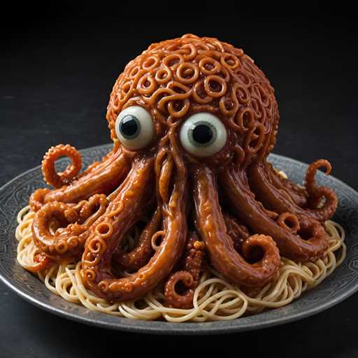 The image shows an octopus-shaped pasta dish on a black plate against a dark background. The pasta is arranged in the shape of an octopus with its tentacles spread out and its head facing forward. The dish appears to be made from noodles and sauce, giving it a unique and creative presentation.