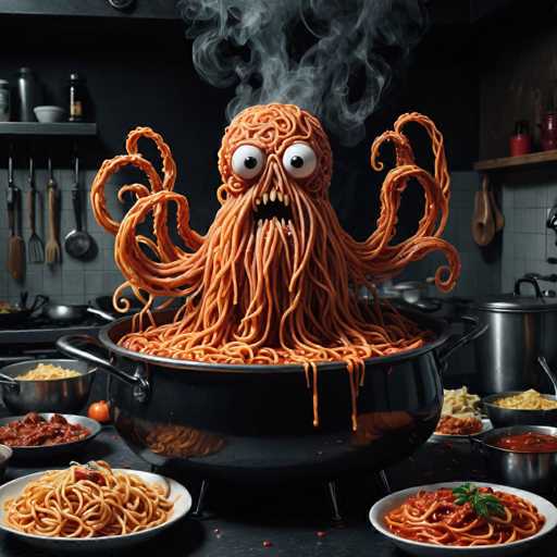 The image depicts a large pot filled with spaghetti noodles and red sauce on the stovetop, surrounded by various kitchen utensils such as spoons, forks, and knives. The pot is situated in front of a dining table that has several plates of food arranged on it.