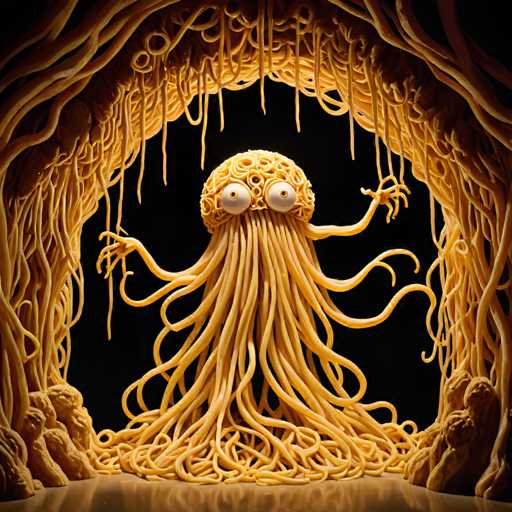 The image depicts a large, yellow monster made entirely out of noodles with arms and legs. The monster is positioned on the left side of the frame, facing towards the right. The background features a dark color that contrasts with the bright yellow of the noodle monster, making it stand out prominently in the image.
