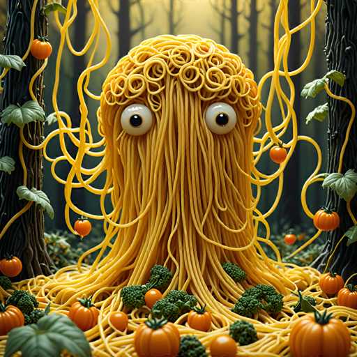 The image depicts a large, anthropomorphic noodle monster with yellow noodles for hair and orange eyes, standing on top of a pile of spaghetti noodles surrounded by various fruits such as oranges and pumpkins. The background features trees and foliage, creating an immersive and whimsical scene.