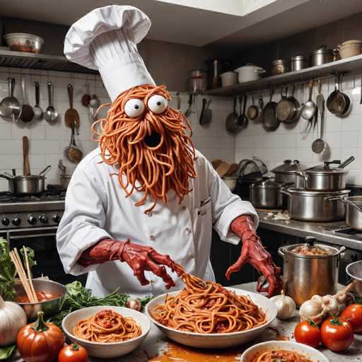 A chef dressed as spaghetti with red hair and a white hat is cooking pasta on the stove in a kitchen filled with various pots and pans.